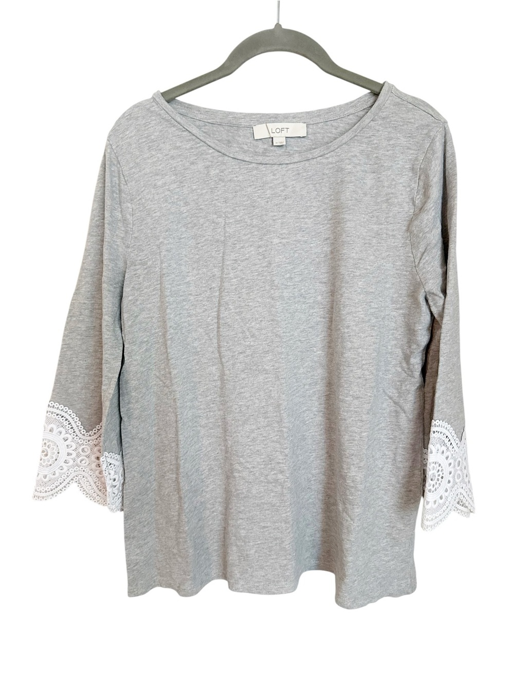 LOFT Gray Knit Long-Sleeve Tee with White Lace Cuffs